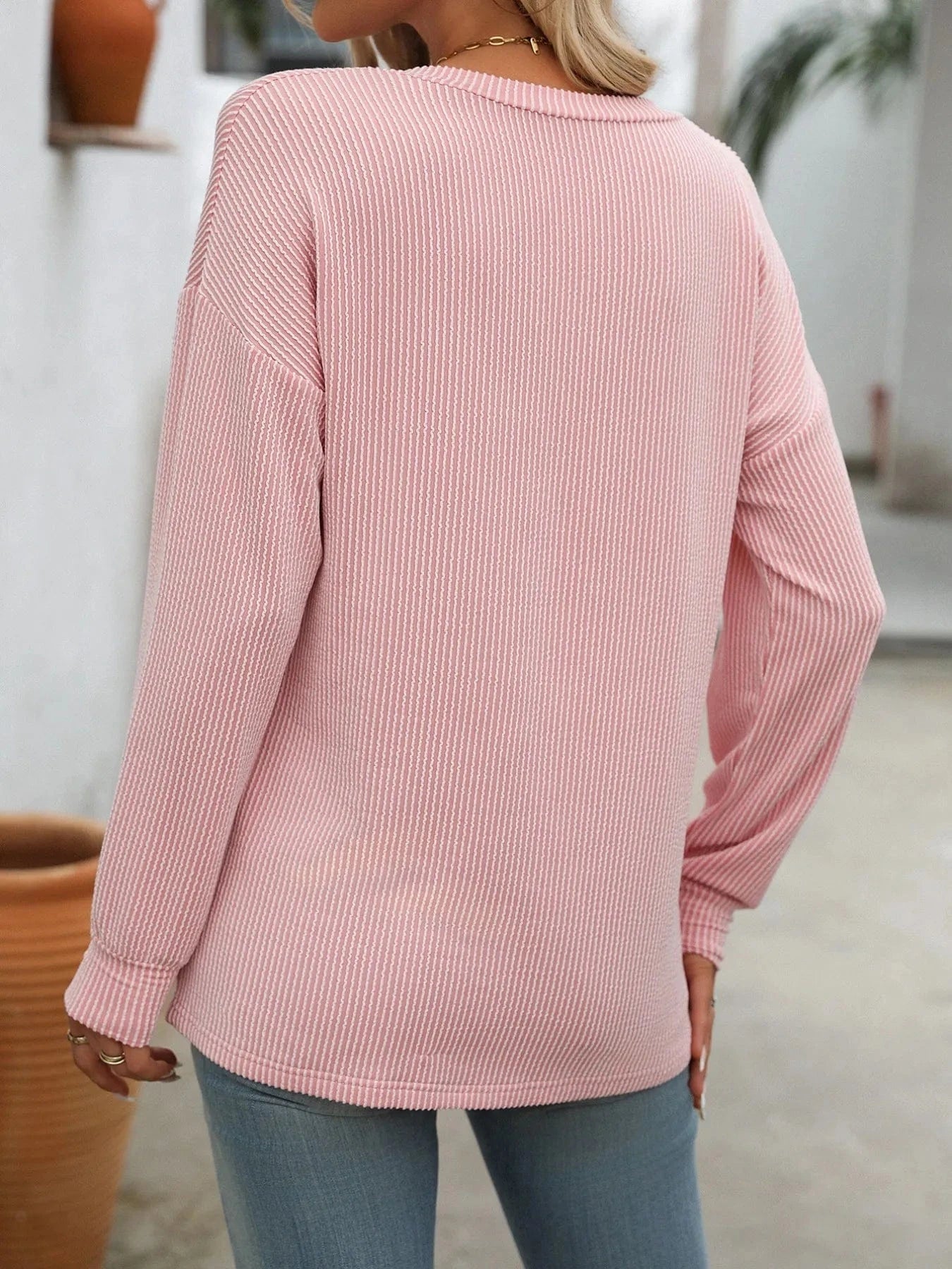 Ribbed V-Neck Long Sleeve T-Shirt Tops and T-Shirts