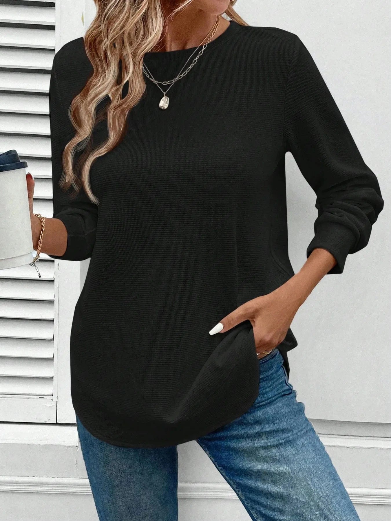 Round Neck Long Sleeve Casual Sweatshirt Tops and T-Shirts
