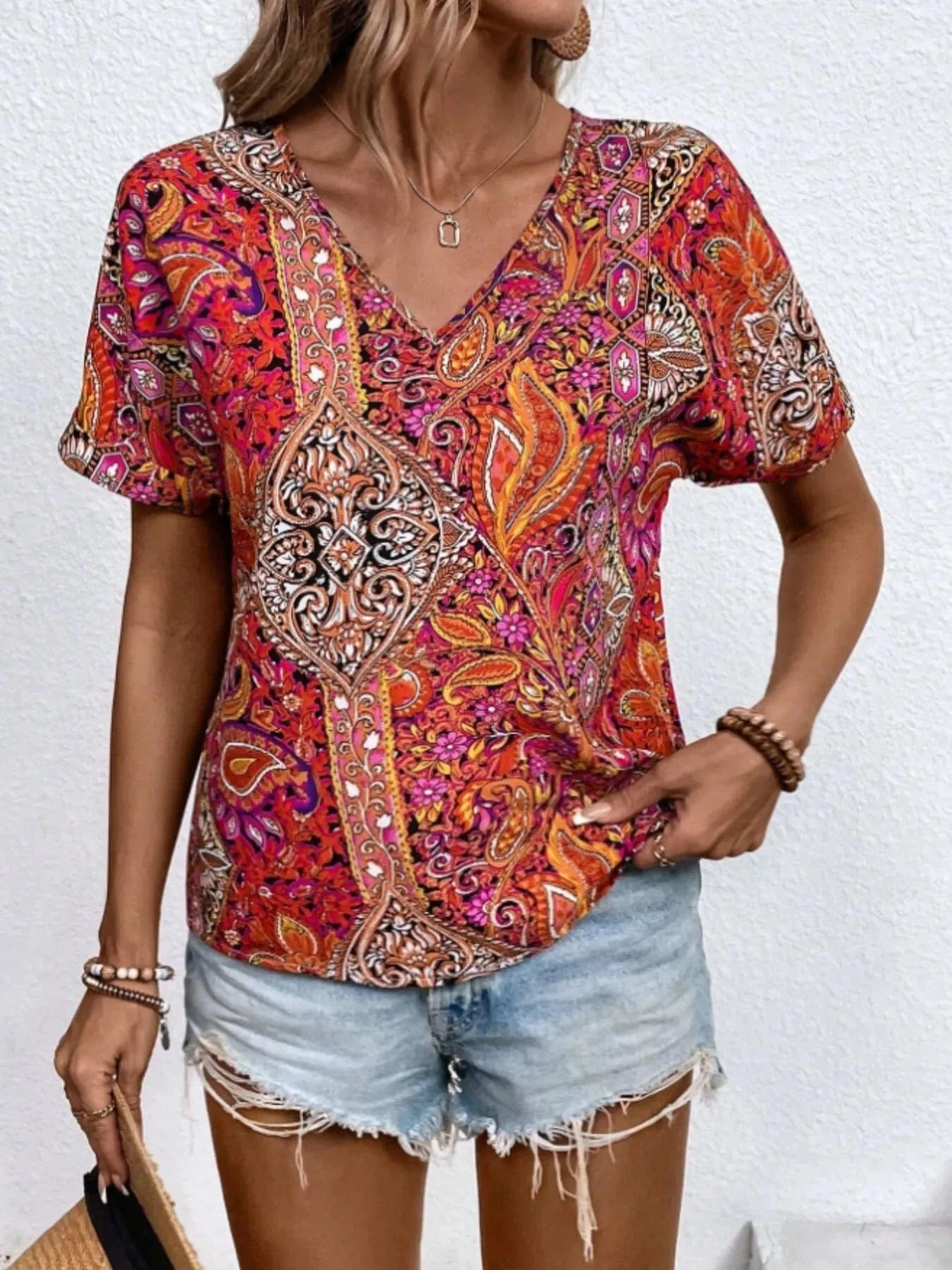 Scarlet Bohemian Paisley Print V-Neck Short Sleeve T-Shirt Tops and T-Shirts