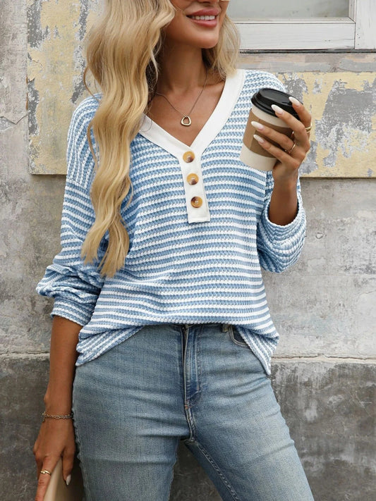 Sky Blue Striped V-Neck Button Front Casual Top Tops and T-Shirts
