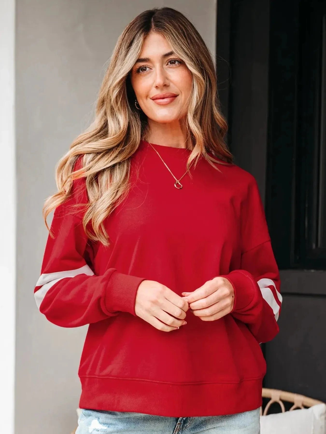 Stripe Round Neck Long Sleeve Sweatshirt Tops and T-Shirts