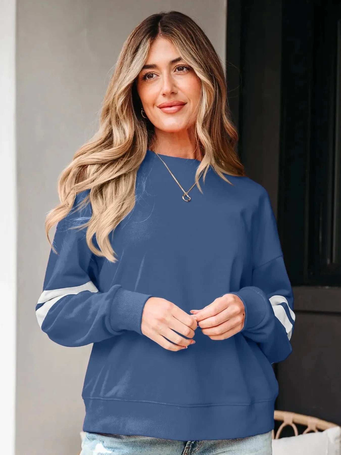 Stripe Round Neck Long Sleeve Sweatshirt Tops and T-Shirts