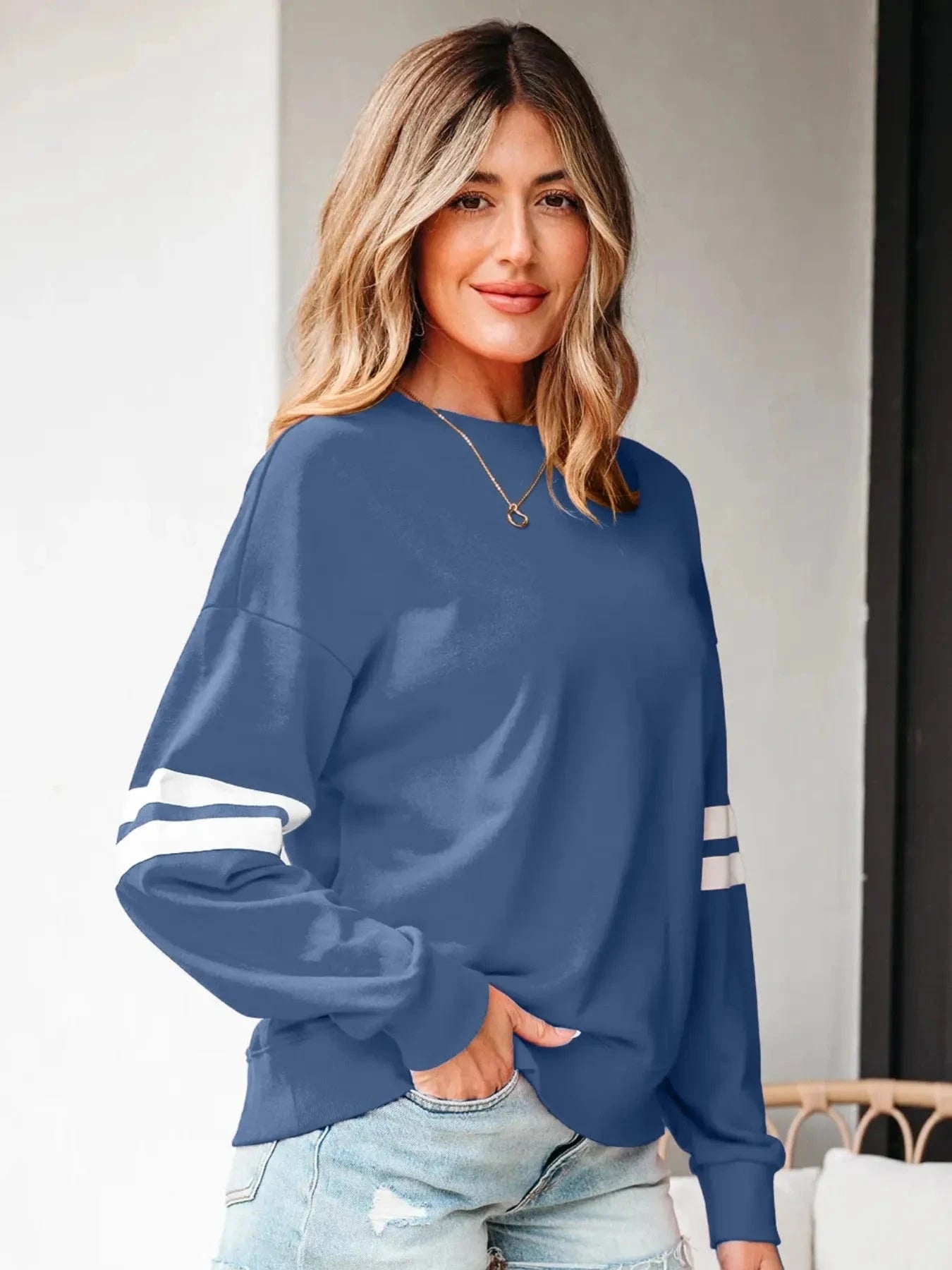 Stripe Round Neck Long Sleeve Sweatshirt Tops and T-Shirts