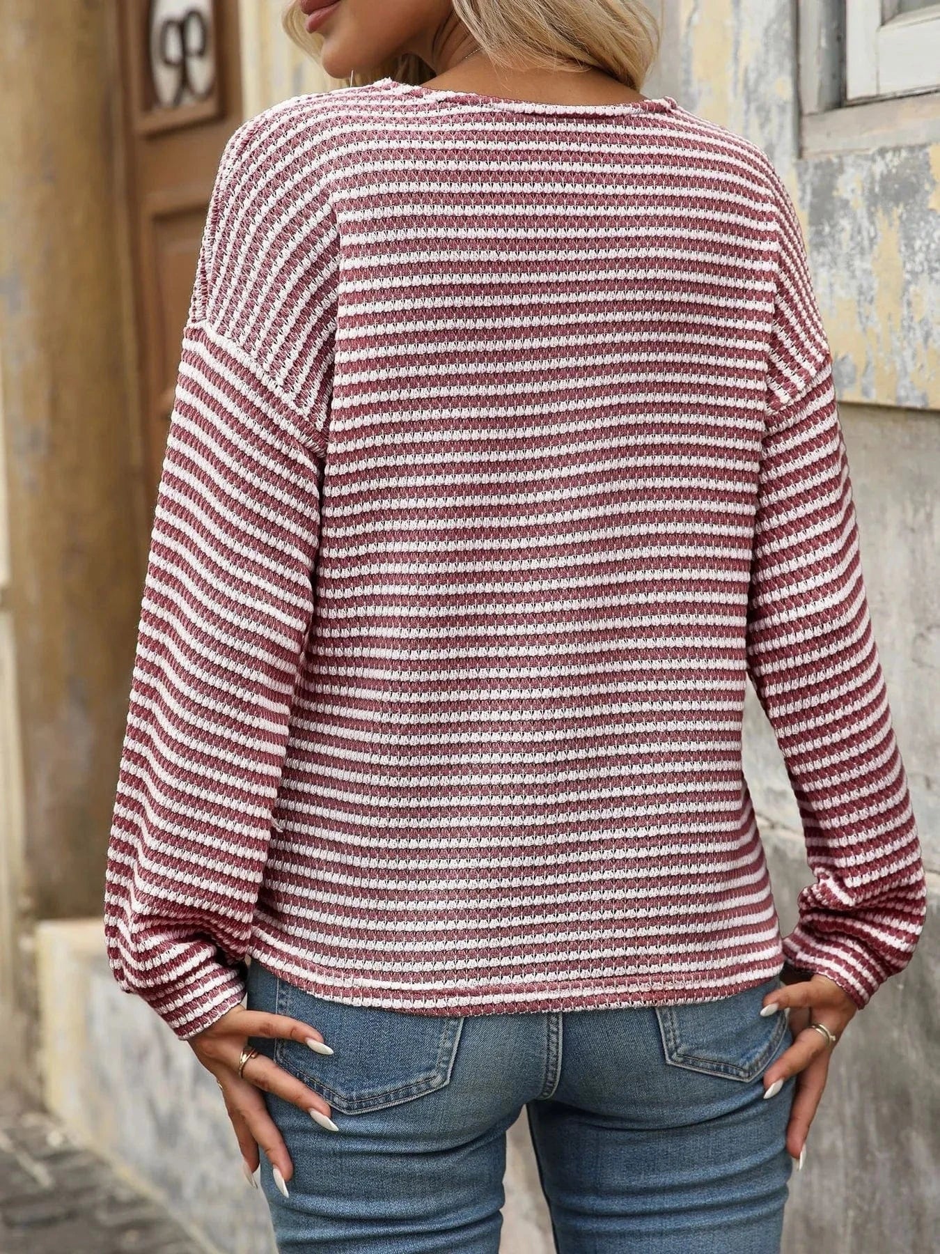 Striped V-Neck Button Front Casual Top Tops and T-Shirts