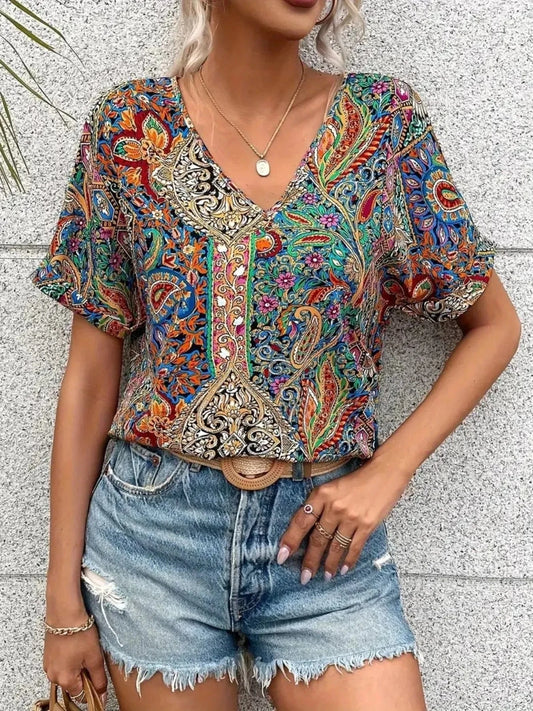 Turquoise Bohemian Paisley Print V-Neck Short Sleeve T-Shirt Tops and T-Shirts