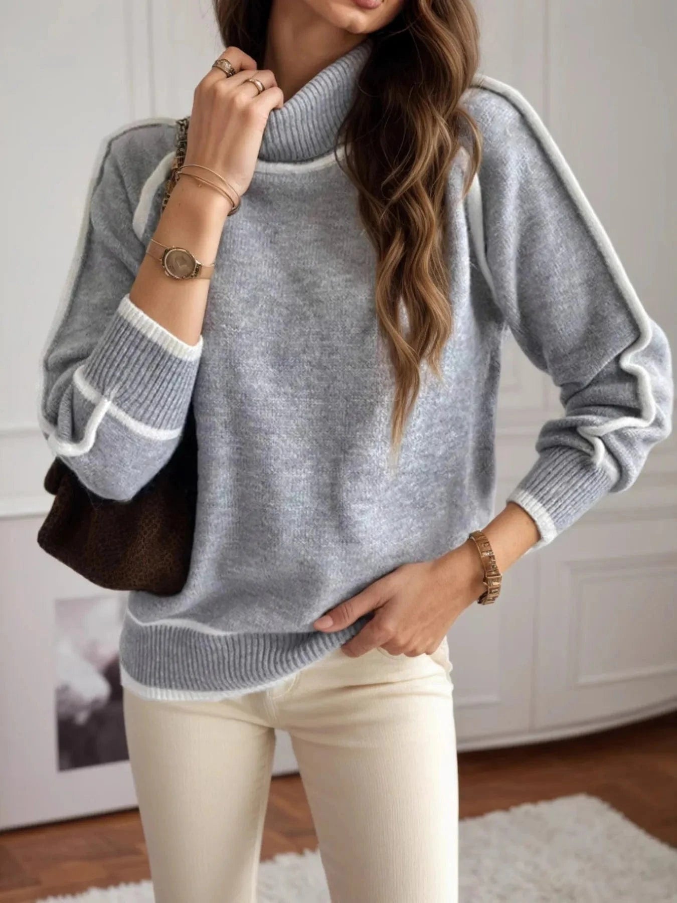 Turtleneck Contrast Trim Sweater with Ribbed Details Tops and T-Shirts