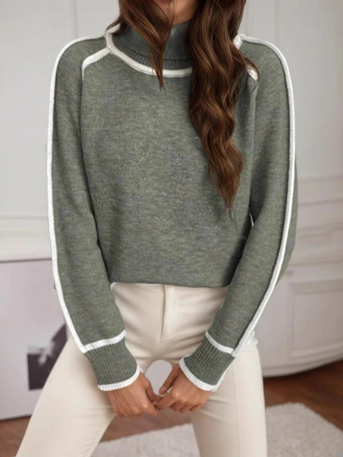 Turtleneck Contrast Trim Sweater with Ribbed Details Tops and T-Shirts