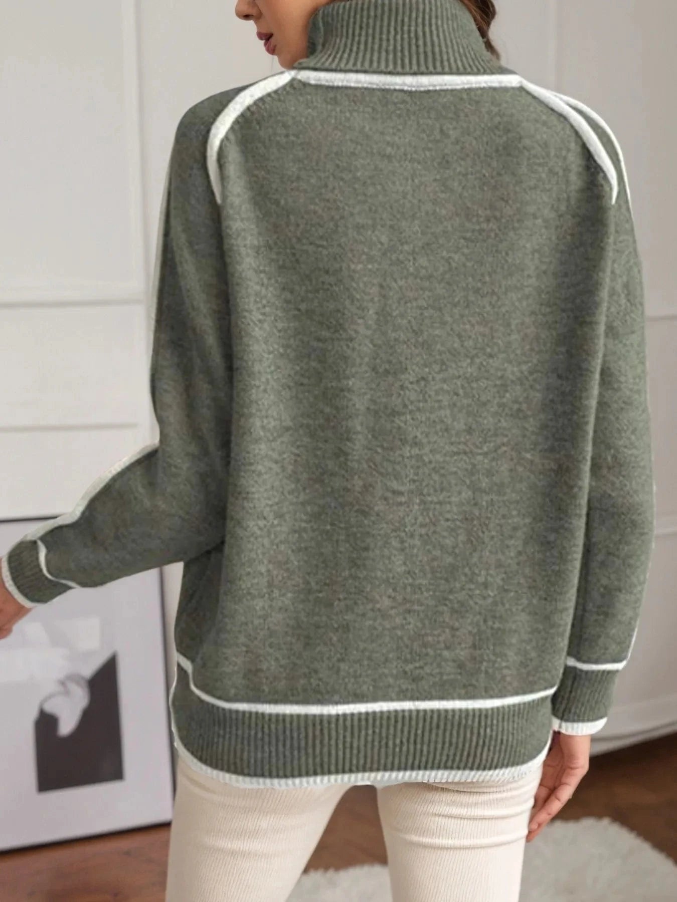 Turtleneck Contrast Trim Sweater with Ribbed Details Tops and T-Shirts