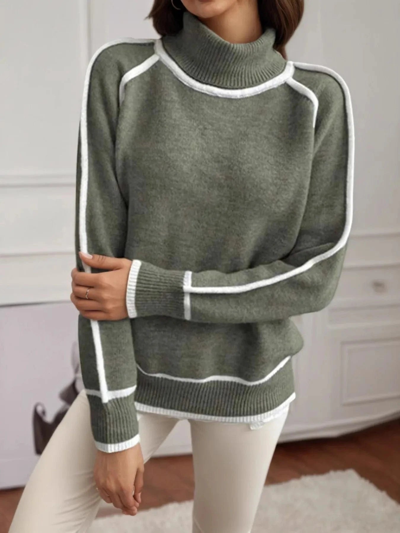 Turtleneck Contrast Trim Sweater with Ribbed Details Tops and T-Shirts
