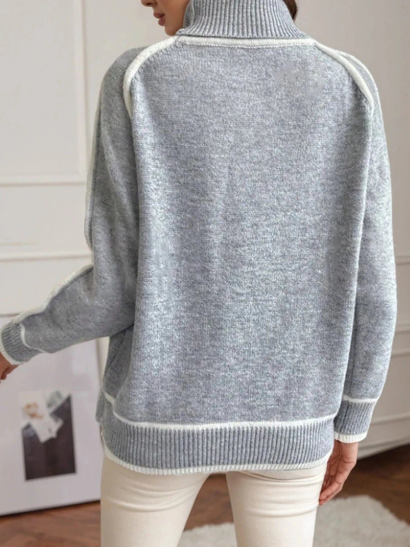 Turtleneck Contrast Trim Sweater with Ribbed Details Tops and T-Shirts