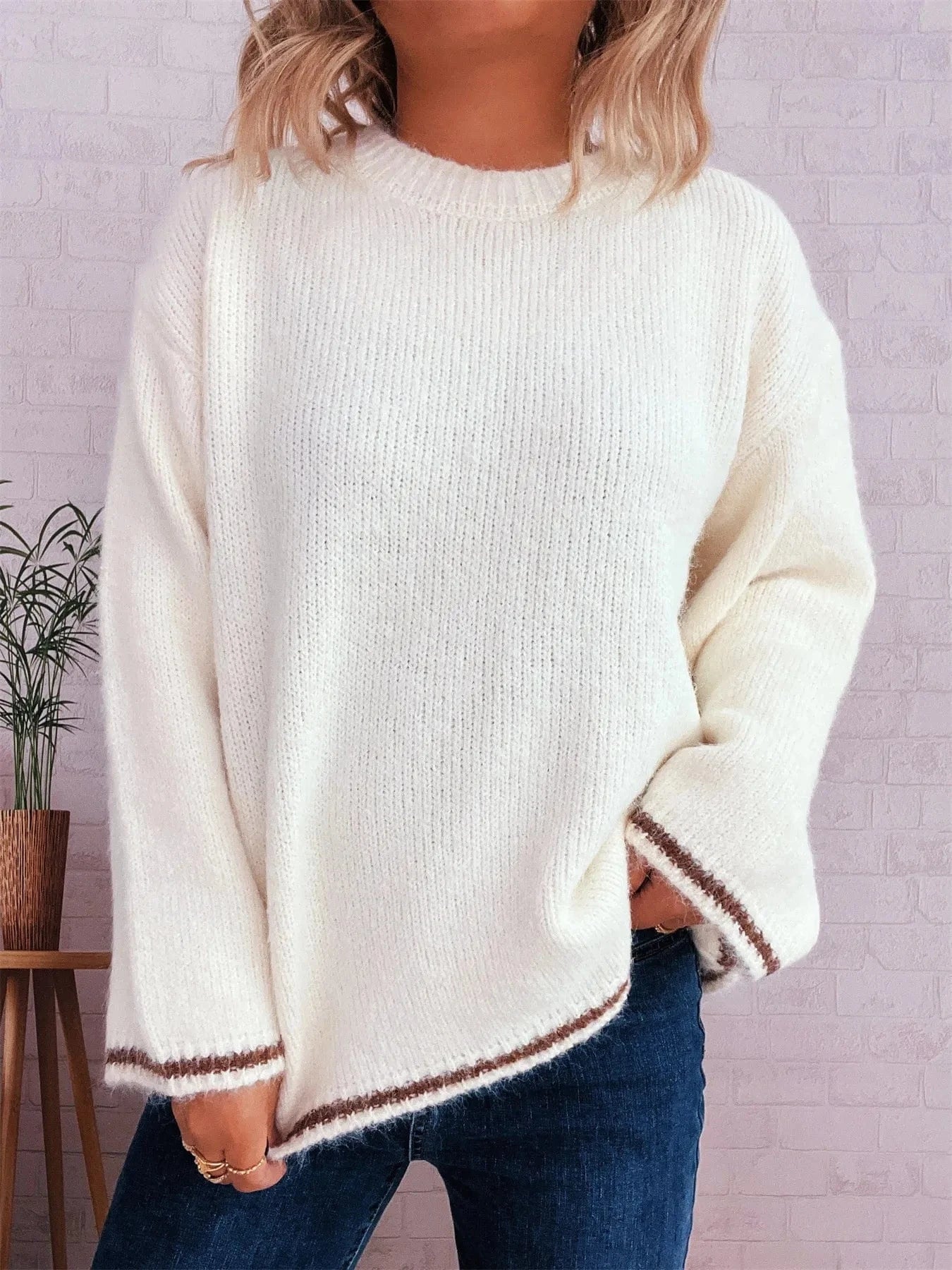 White One Size Contrast Trim Round Neck Cozy Sweater Tops and T-Shirts