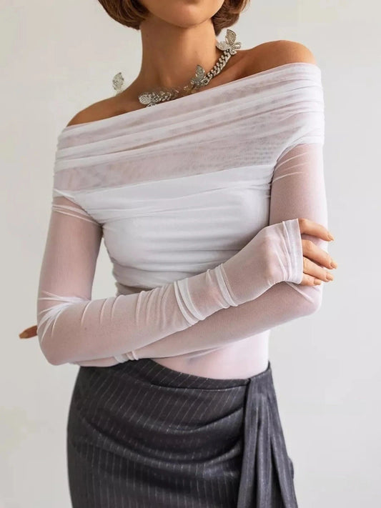 White Off-Shoulder Long Sleeve Mesh Bodysuit Tops and T-Shirts