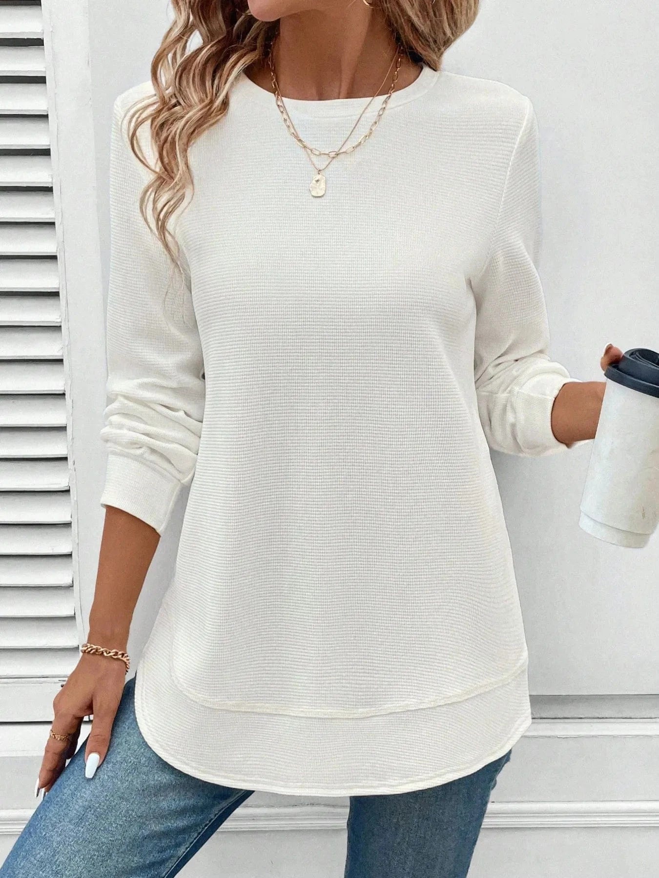 White Round Neck Long Sleeve Casual Sweatshirt Tops and T-Shirts