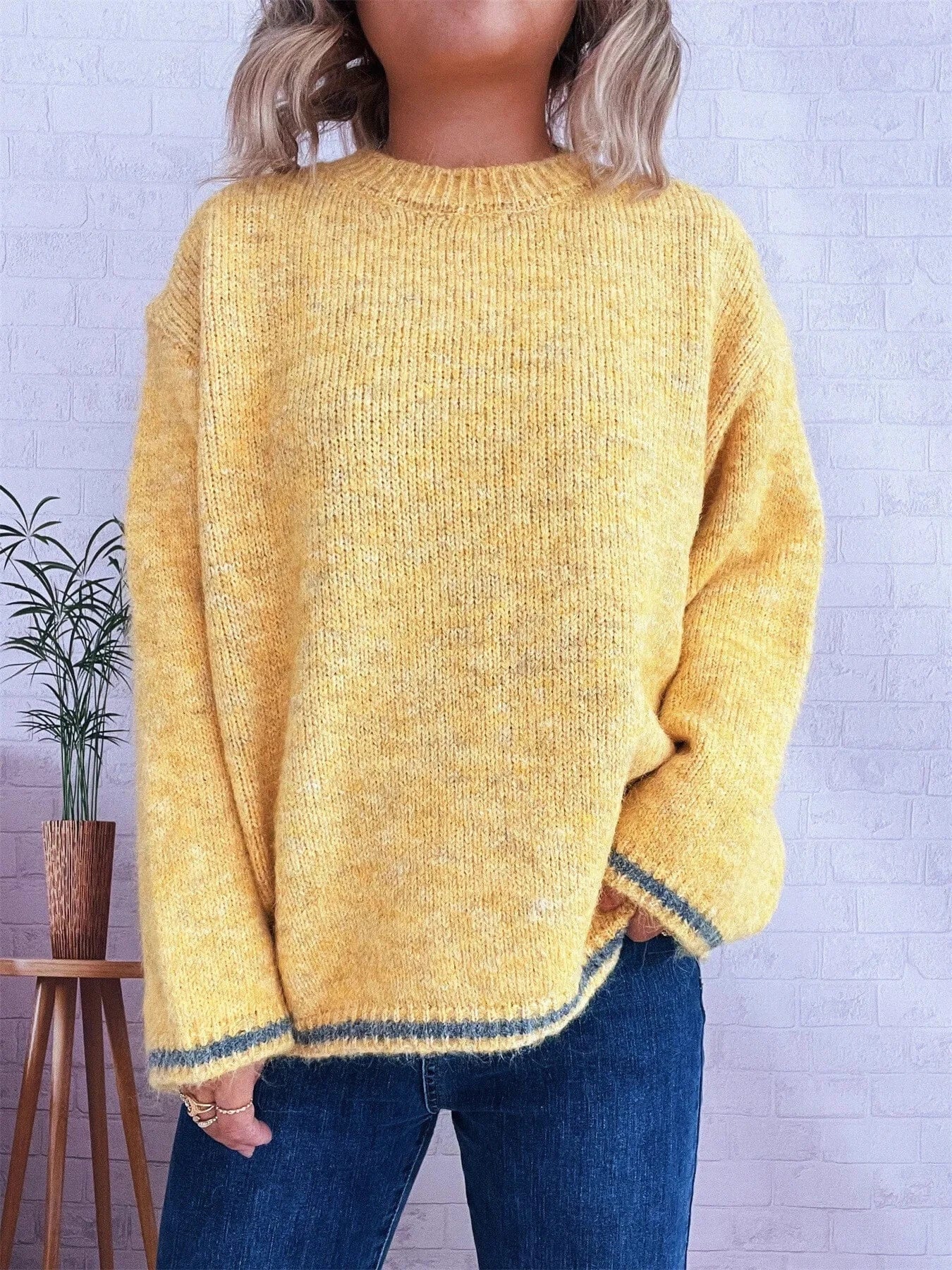 Yellow One Size Contrast Trim Round Neck Cozy Sweater Tops and T-Shirts