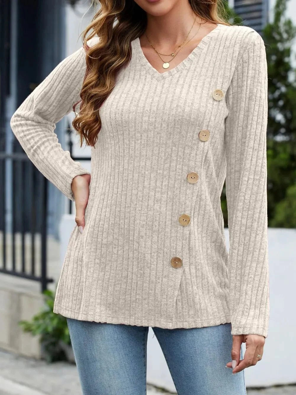 Beige V-Neck Long Sleeve T-Shirt tops