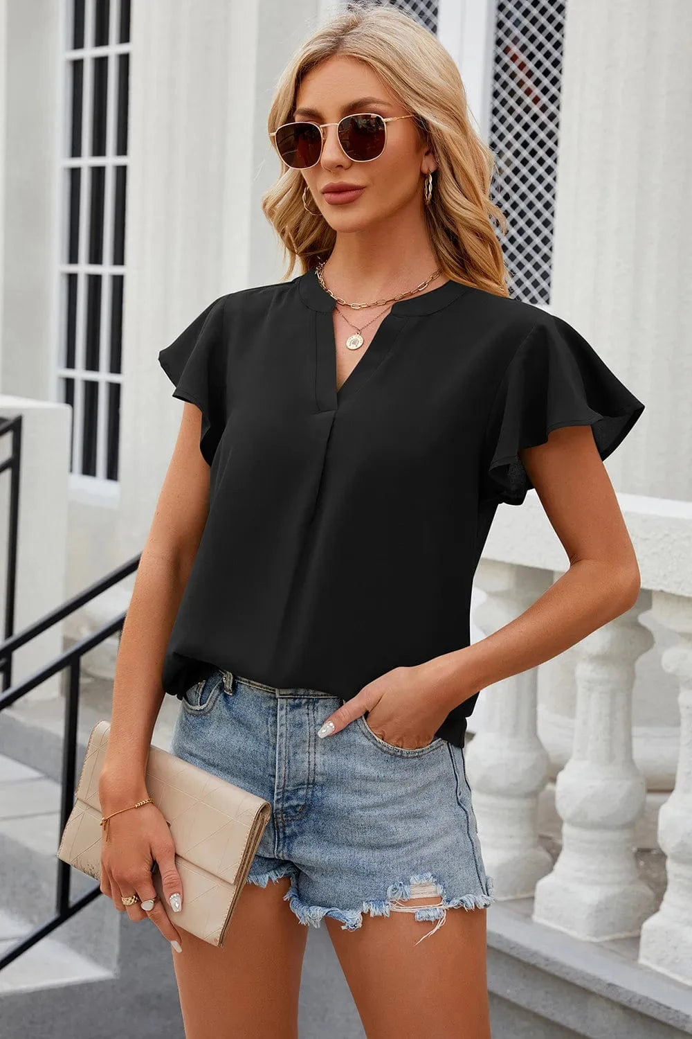 Black Notched Cap Sleeve T-Shirt tops
