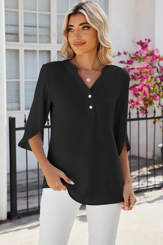 Black Notched Half Button T-Shirt tops