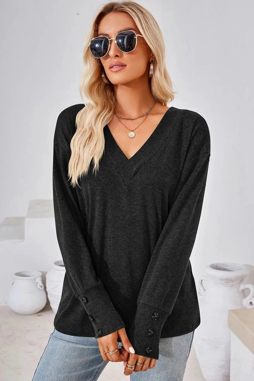 Black V-Neck Dropped Shoulder T-Shirt tops
