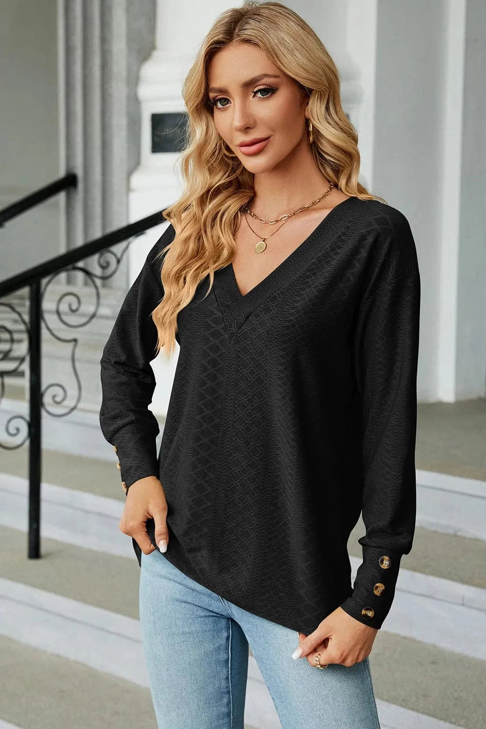 Black V-Neck Lantern Sleeve T-Shirt tops