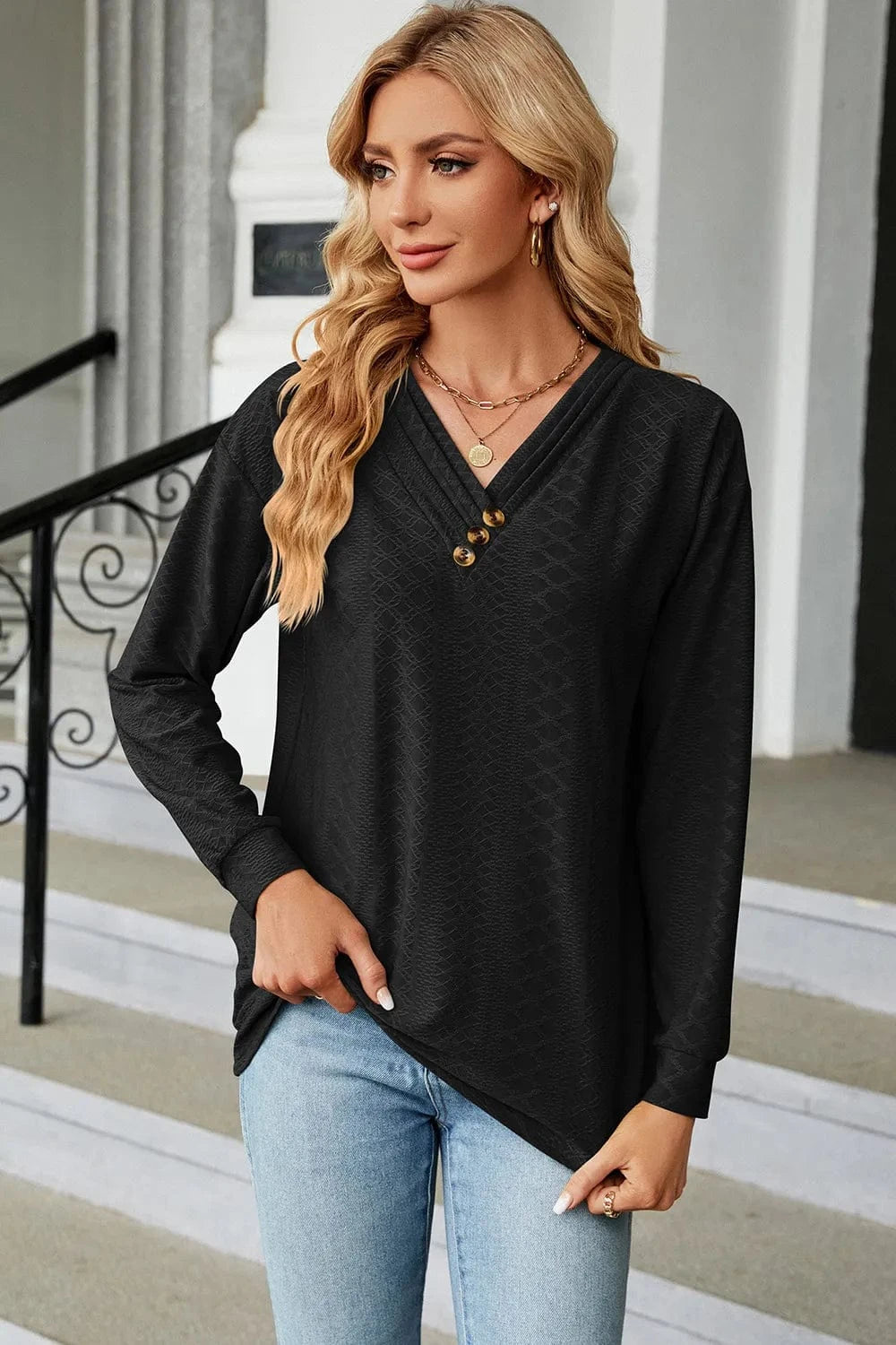 Black V-Neck Long Sleeve T-Shirt tops