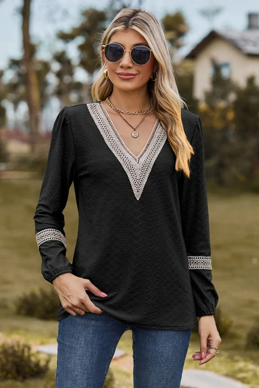 Black V-Neck Long Sleeve T-Shirt tops