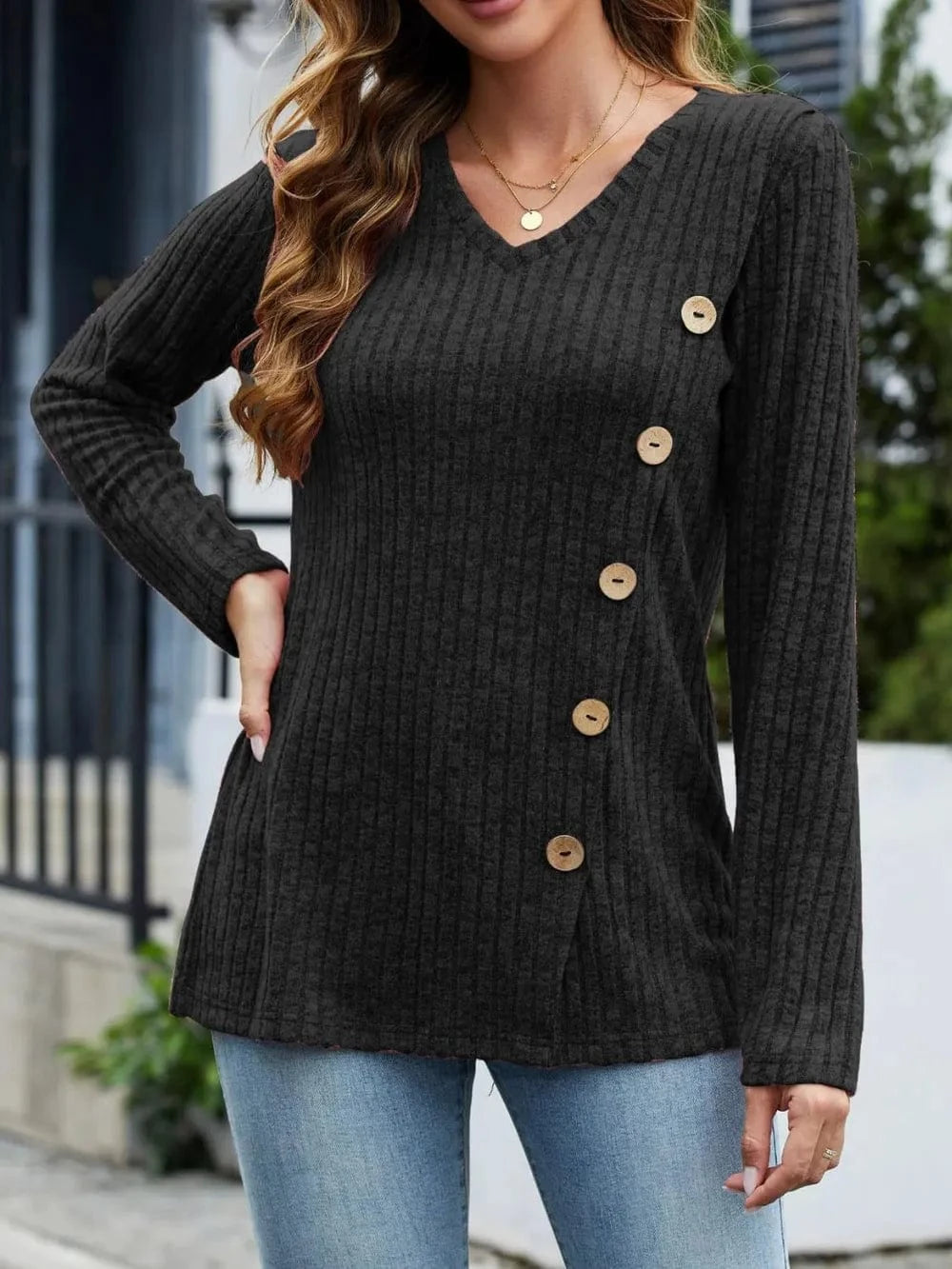 Black V-Neck Long Sleeve T-Shirt tops