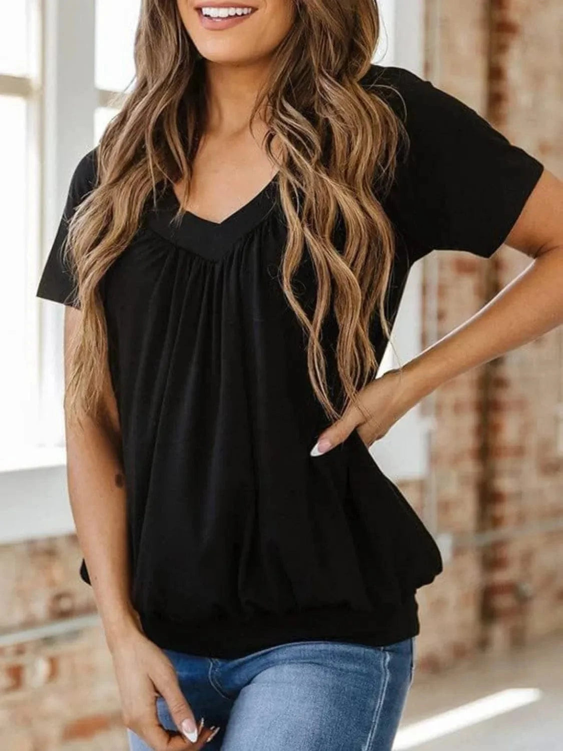 Black V-Neck Short Sleeve T-Shirt tops