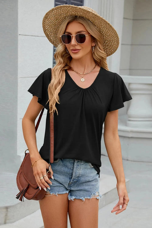 Black V-Neck Short Sleeve T-Shirt tops