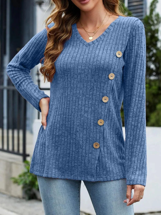 Blue V-Neck Long Sleeve T-Shirt tops
