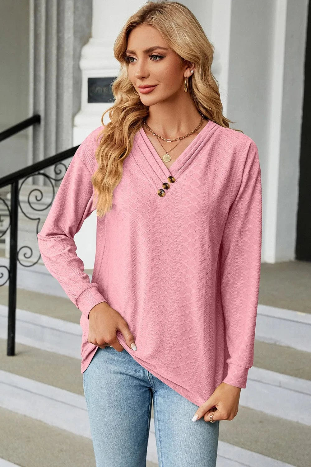 Blush Pink V-Neck Long Sleeve T-Shirt tops