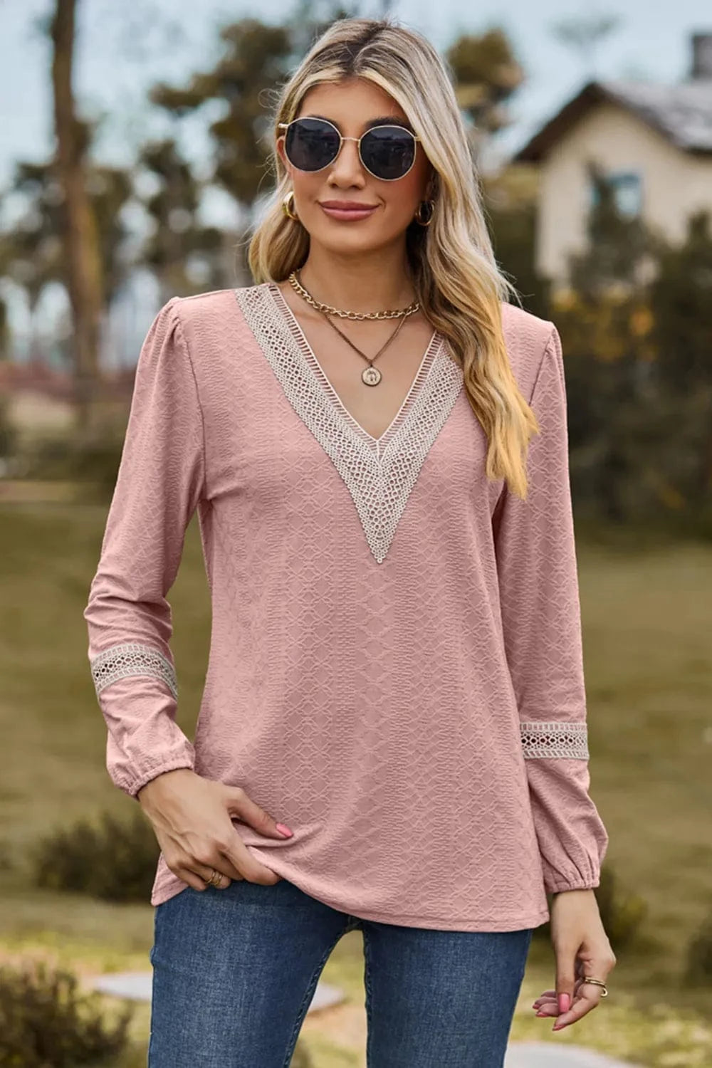 Blush Pink V-Neck Long Sleeve T-Shirt tops