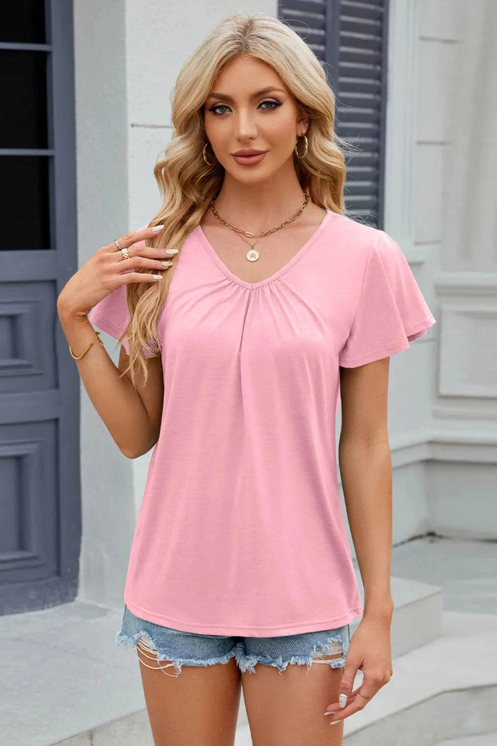Blush Pink V-Neck Short Sleeve T-Shirt tops