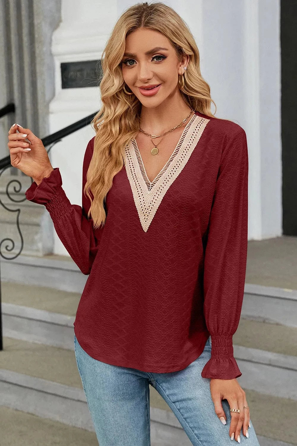 Burgundy V-Neck Flounce Sleeve T-Shirt tops