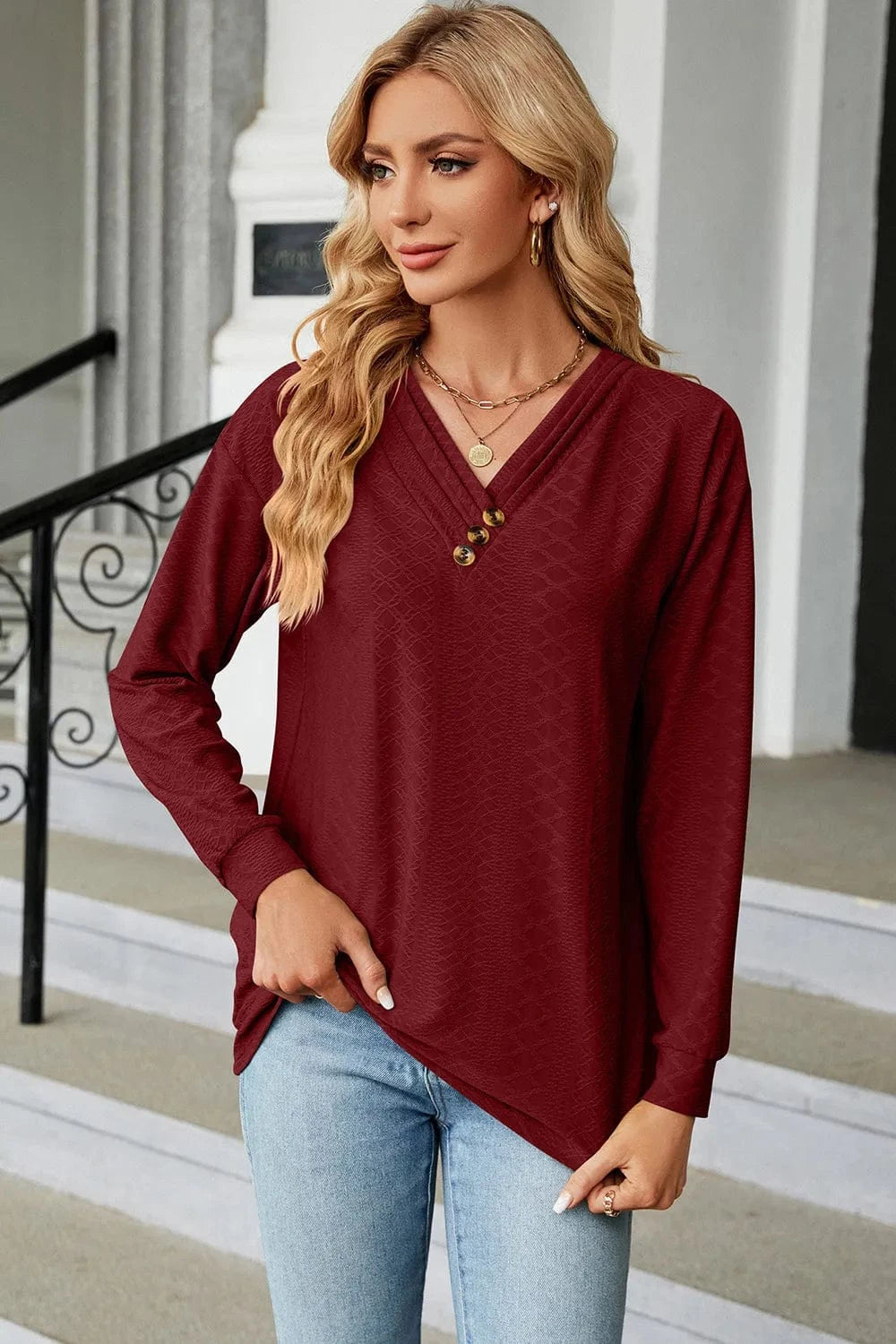 Burgundy V-Neck Long Sleeve T-Shirt tops