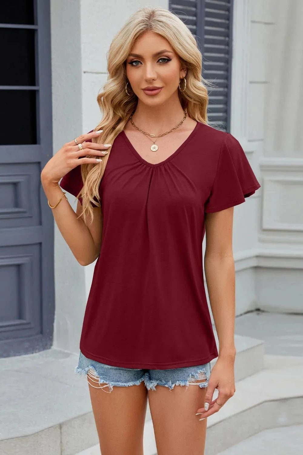 Burgundy V-Neck Short Sleeve T-Shirt tops