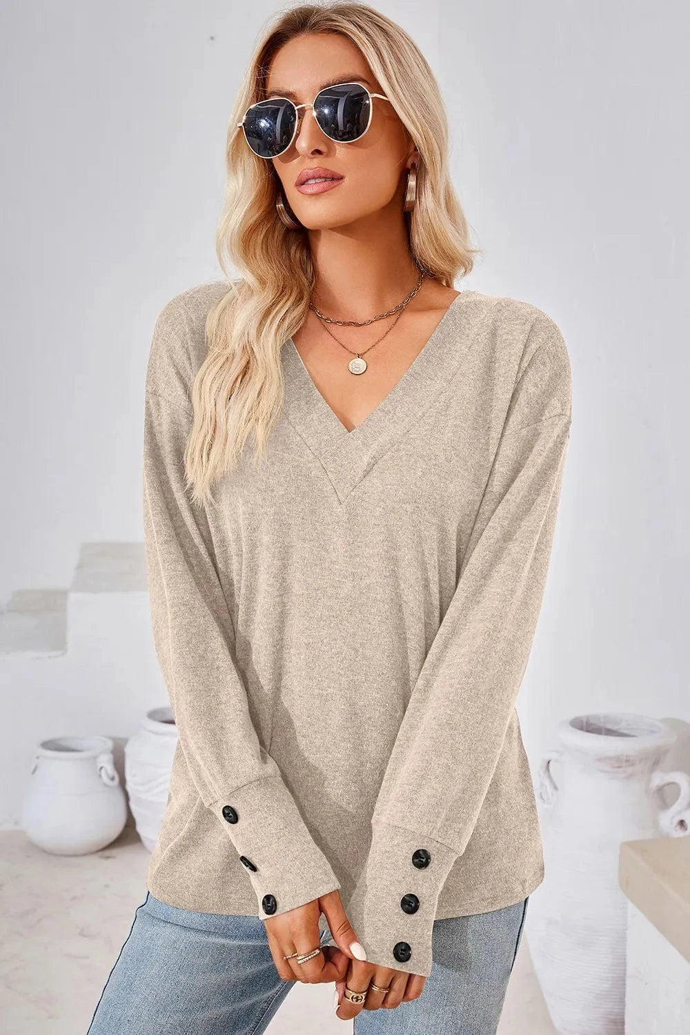 Cream V-Neck Dropped Shoulder T-Shirt tops