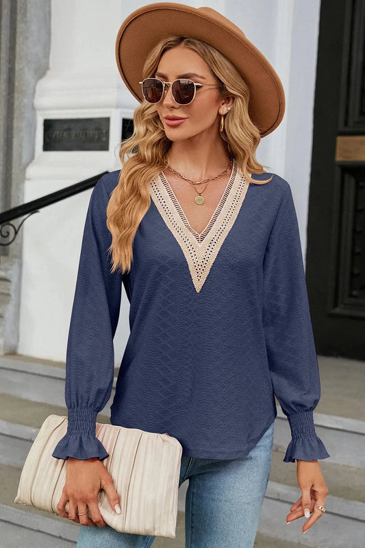 Dark Blue V-Neck Flounce Sleeve T-Shirt tops