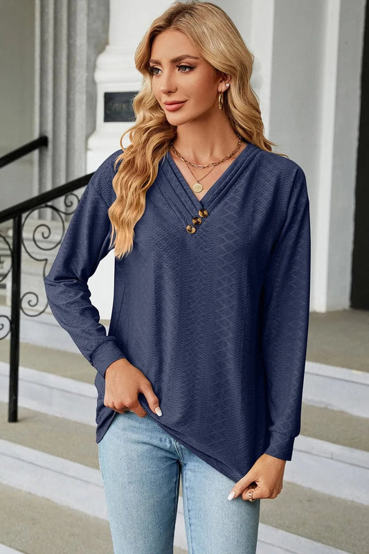 Dark Blue V-Neck Long Sleeve T-Shirt tops