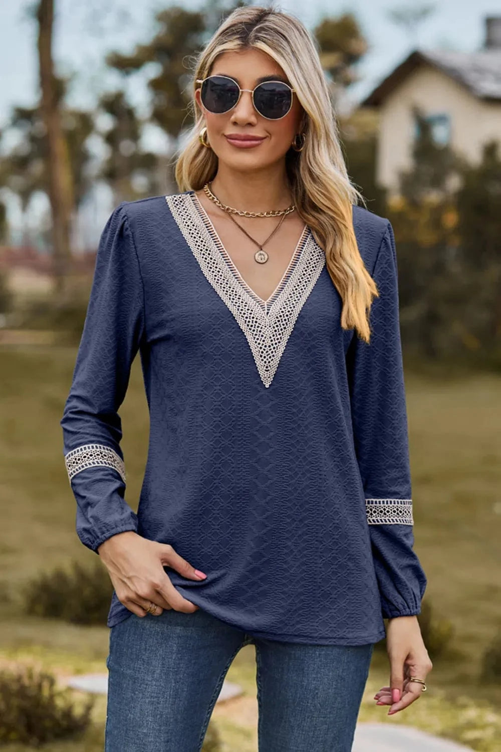 Dark Blue V-Neck Long Sleeve T-Shirt tops
