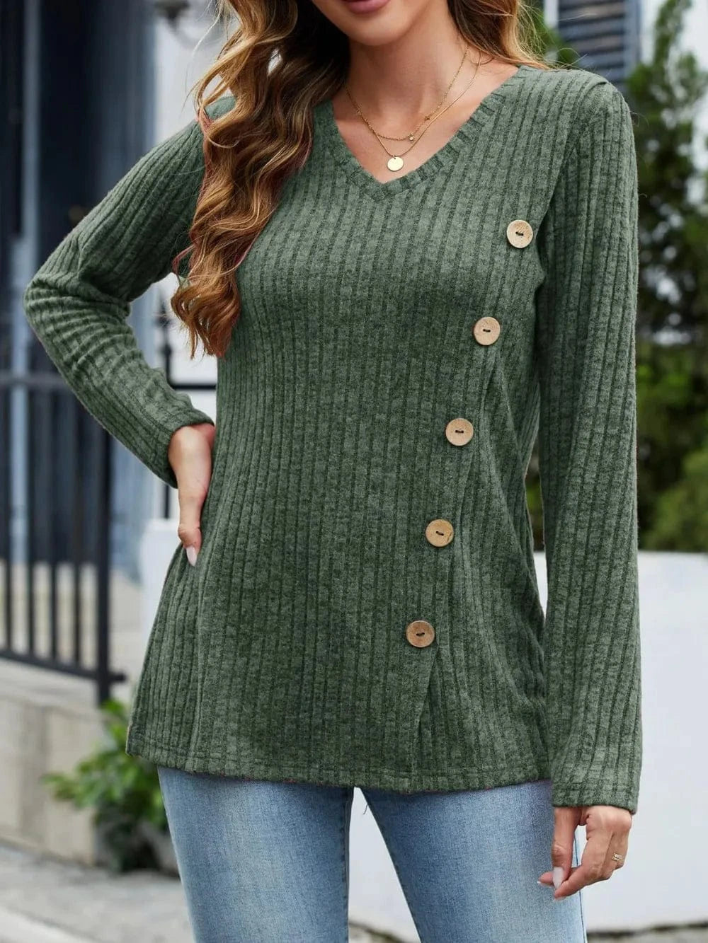 Dark Green V-Neck Long Sleeve T-Shirt tops