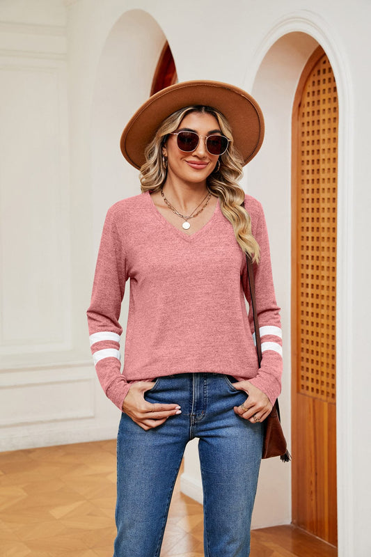 Dusty Pink V-Neck Long Sleeve T-Shirt tops
