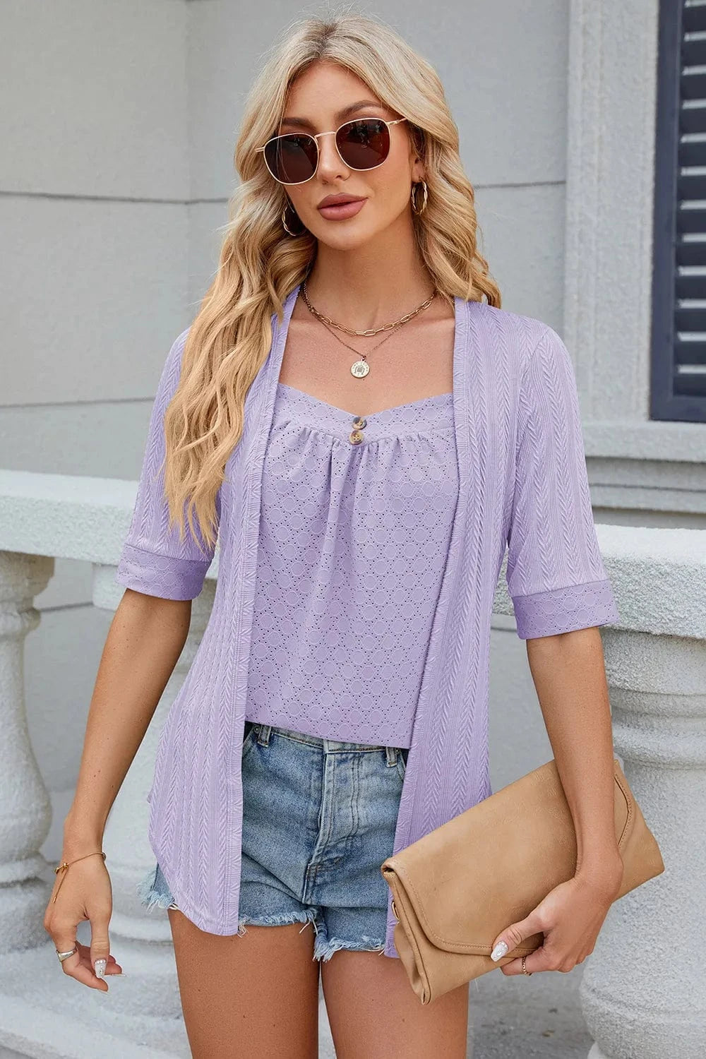 Eyelet Half Sleeve T-Shirt tops