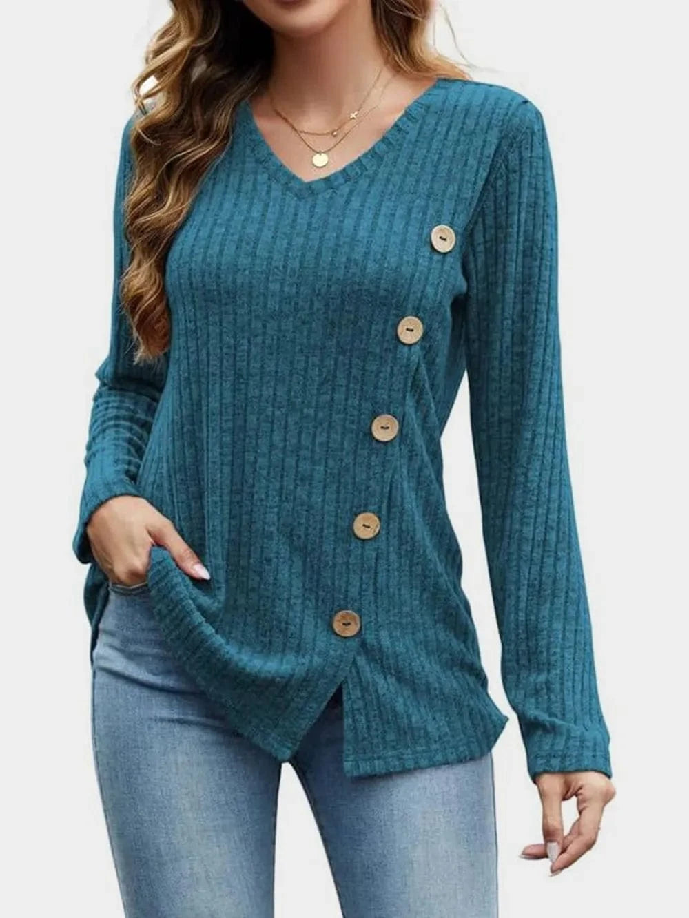 French Blue V-Neck Long Sleeve T-Shirt tops
