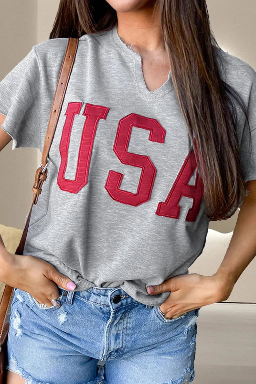 Gray USA Notched Short Sleeve T-Shirt tops