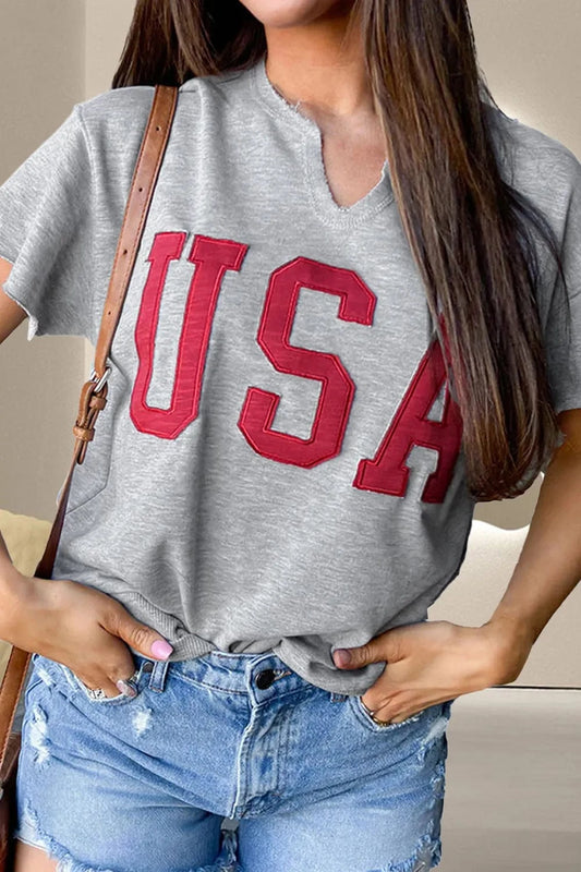 Gray USA Notched Short Sleeve T-Shirt tops