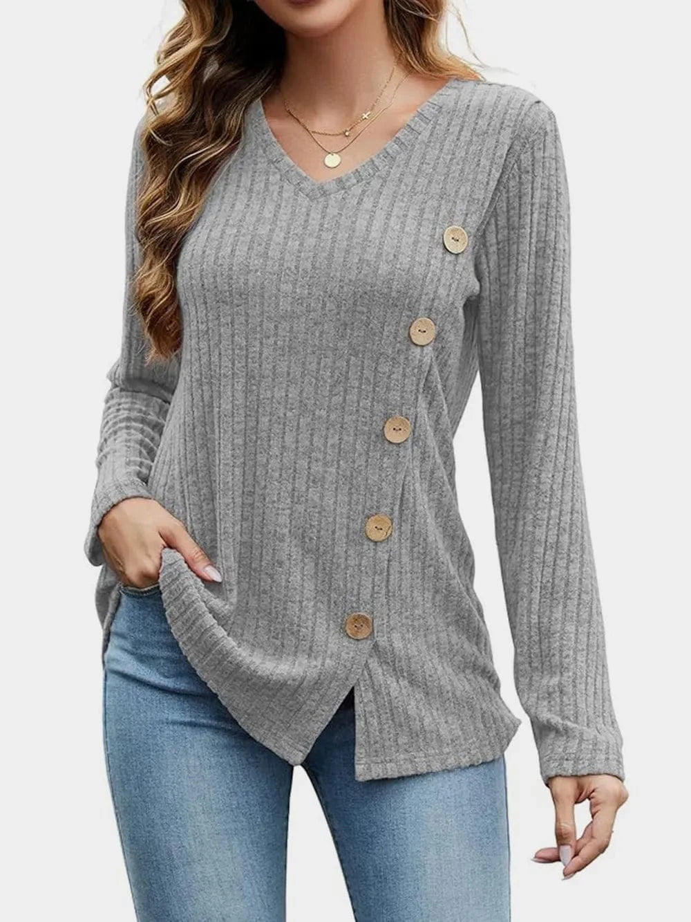Gray V-Neck Long Sleeve T-Shirt tops