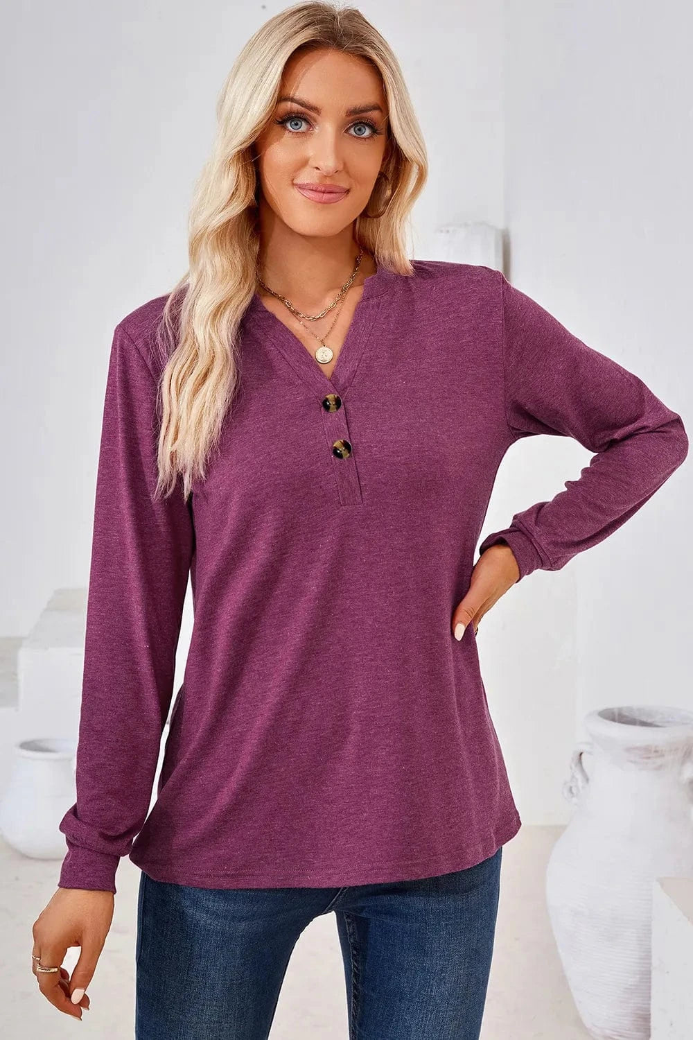 Hot Pink Notched Long Sleeve T-Shirt tops