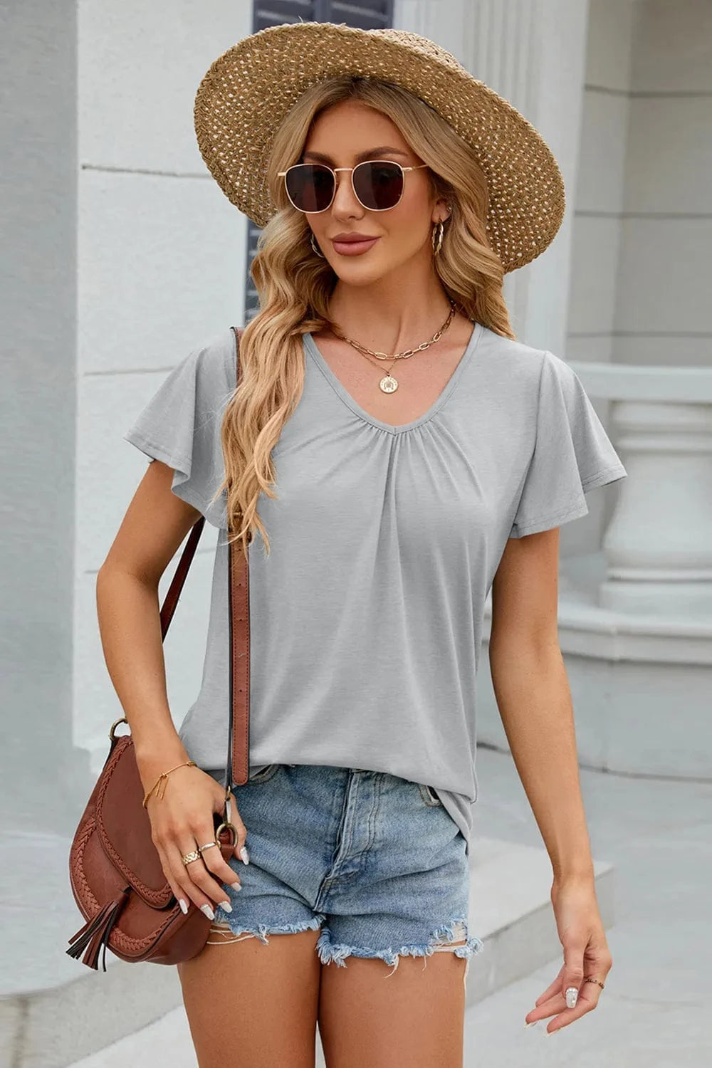 Light Gray V-Neck Short Sleeve T-Shirt tops