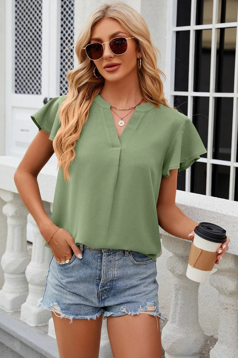 Light Green Notched Cap Sleeve T-Shirt tops