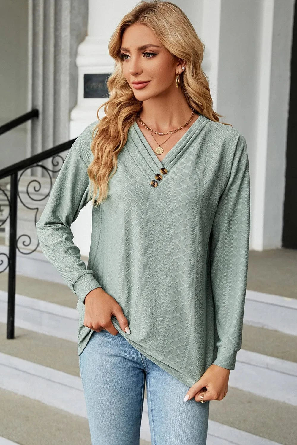 Light Green V-Neck Long Sleeve T-Shirt tops